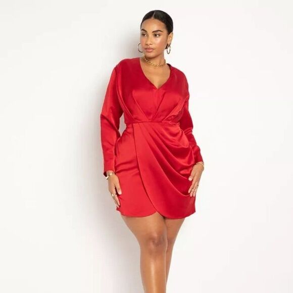 Eloquii Women Plus Size Red Satin Draped Mini‎ Party Dress - Picture 2 of 4